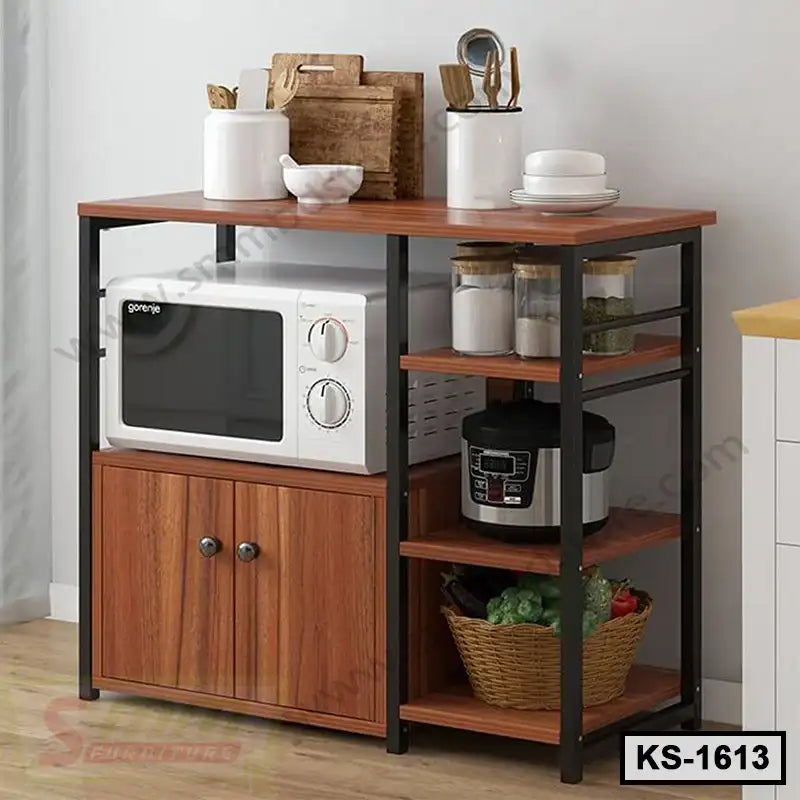 Modern kitchen shelf with wooden shelves, microwave, utensils, storage jars, and vegetable basket