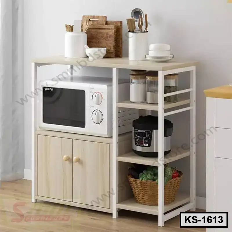 Modern wooden kitchen shelf with microwave, storage cabinet, and countertop organizer Main image