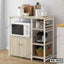 Modern wooden kitchen shelf with microwave, storage cabinet, and countertop organizer