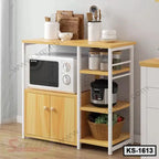Modern kitchen shelf with microwave, storage cabinet, rice cooker, and organized utensils
