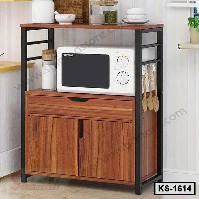 Wooden kitchen storage shelf with microwave, utensils, jars and cabinet, modern style