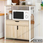 Modern wooden kitchen shelf with microwave, storage cabinets, and utensils rack