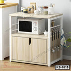Modern kitchen shelf with microwave, utensil hooks, wooden cabinets, and countertop storage.