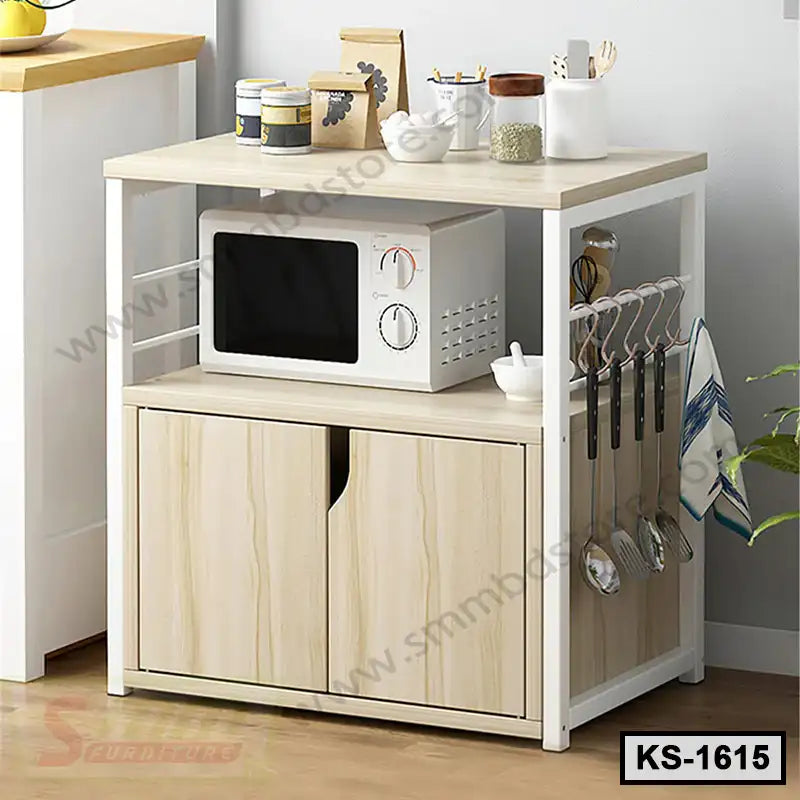 Modern kitchen shelf with microwave, utensil hooks, wooden cabinets, and countertop storage.