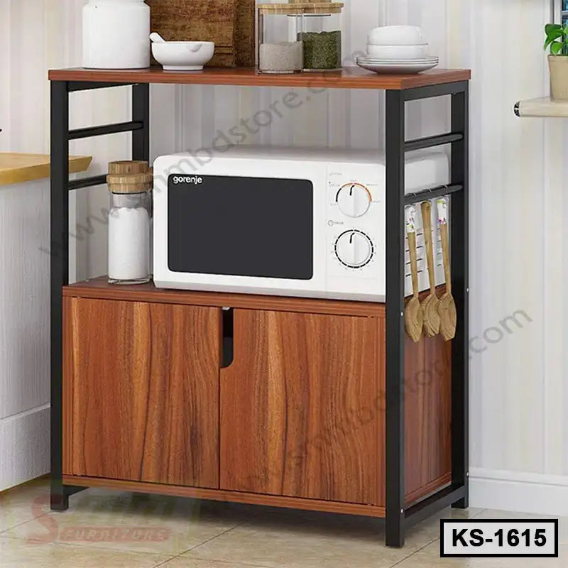Wooden kitchen shelf with black metal frame, microwave, storage jars, and utensil hooks