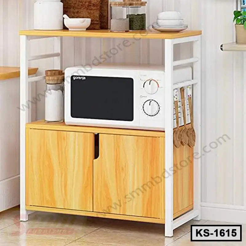 Modern kitchen shelf with wood finish, microwave, storage cabinets and utensils