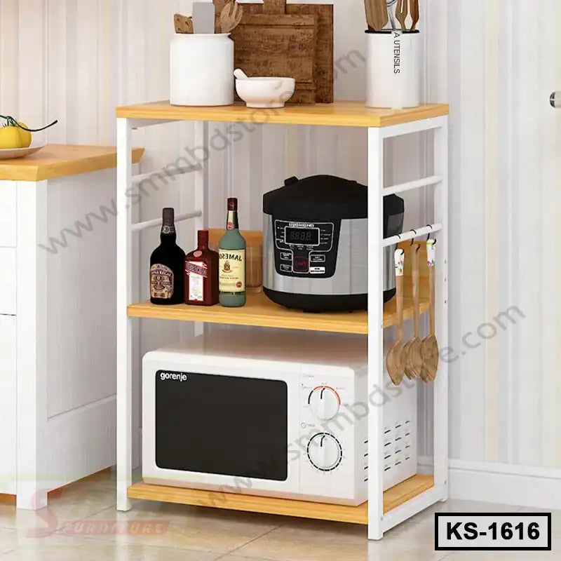 Modern kitchen shelf with microwave, rice cooker, utensils, and storage for bottles Main image