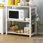 Modern kitchen shelf with microwave, utensils, and fresh vegetables, three-tier design