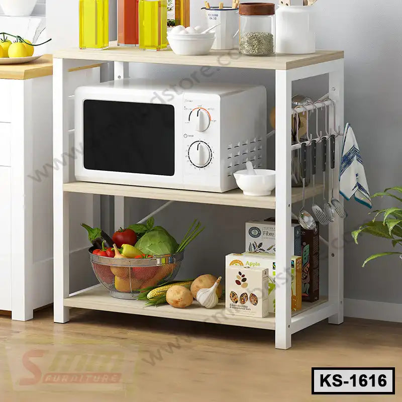 Modern kitchen shelf with microwave, utensils, and fresh vegetables, three-tier design