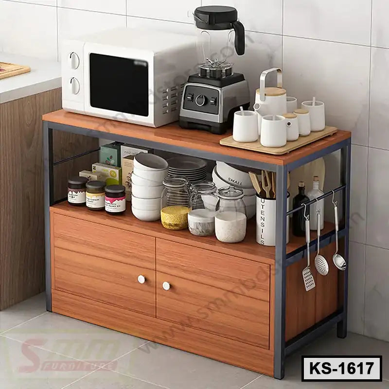 Modern kitchen storage shelf with microwave, blender, cups, jars, and utensils organized neatly Main image