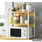 Modern kitchen shelf organizer with wooden shelves, storage jars, utensils, and microwave.