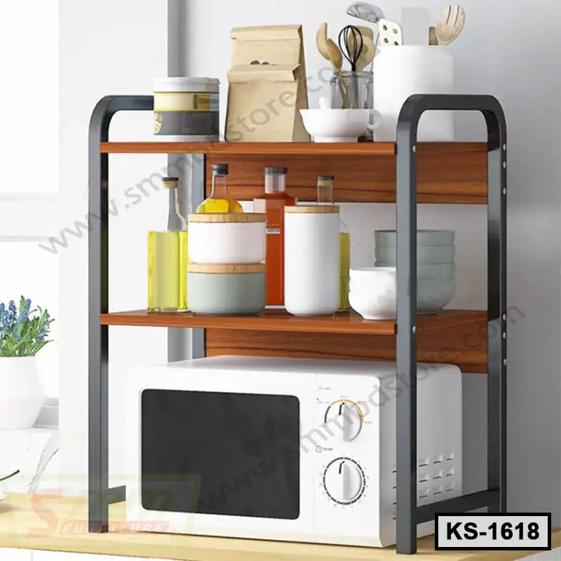Modern wooden kitchen shelf with black frame, kitchenware, and microwave display Main image