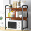 Modern wooden kitchen shelf with black frame, kitchenware, and microwave display