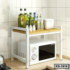 Modern kitchen shelf organizer with microwave storage and countertop space for condiments.