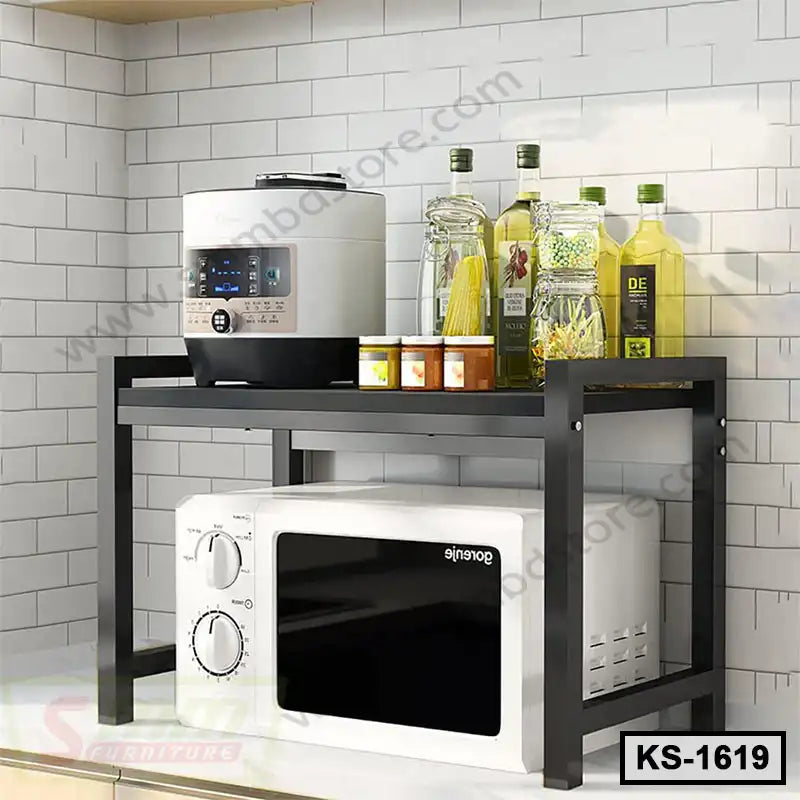 Modern black metal kitchen shelf holding microwave, rice cooker, oil bottles, and spices Main image
