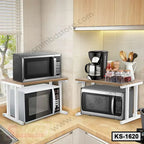 Modern kitchen shelf organizers holding microwaves, coffee maker, and spice jars on corner countertop