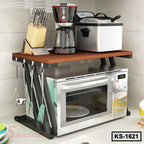 Kitchen shelf organizer with microwave, coffee maker, air fryer, knife block and utensils