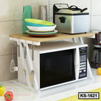 Modern kitchen shelf organizer holding plates, utensils, microwave, and fryer on countertop