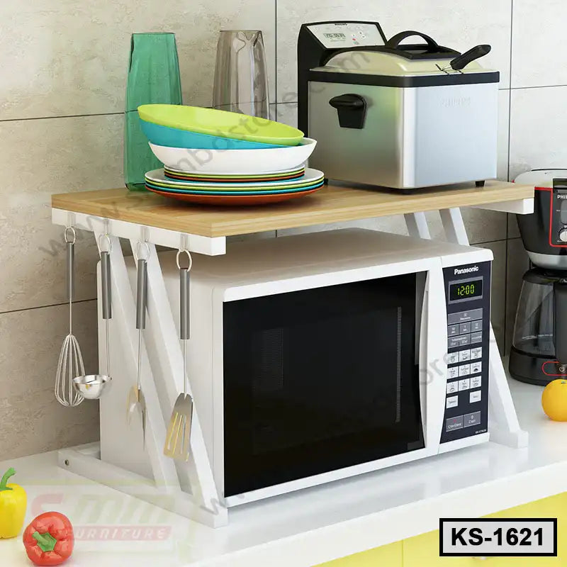 Modern kitchen shelf organizer holding plates, utensils, microwave, and fryer on countertop