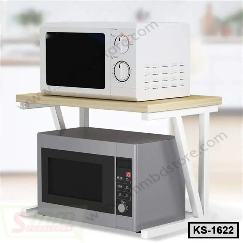 Modern kitchen shelf organizer with metal frame holding two microwaves, space-saving design.