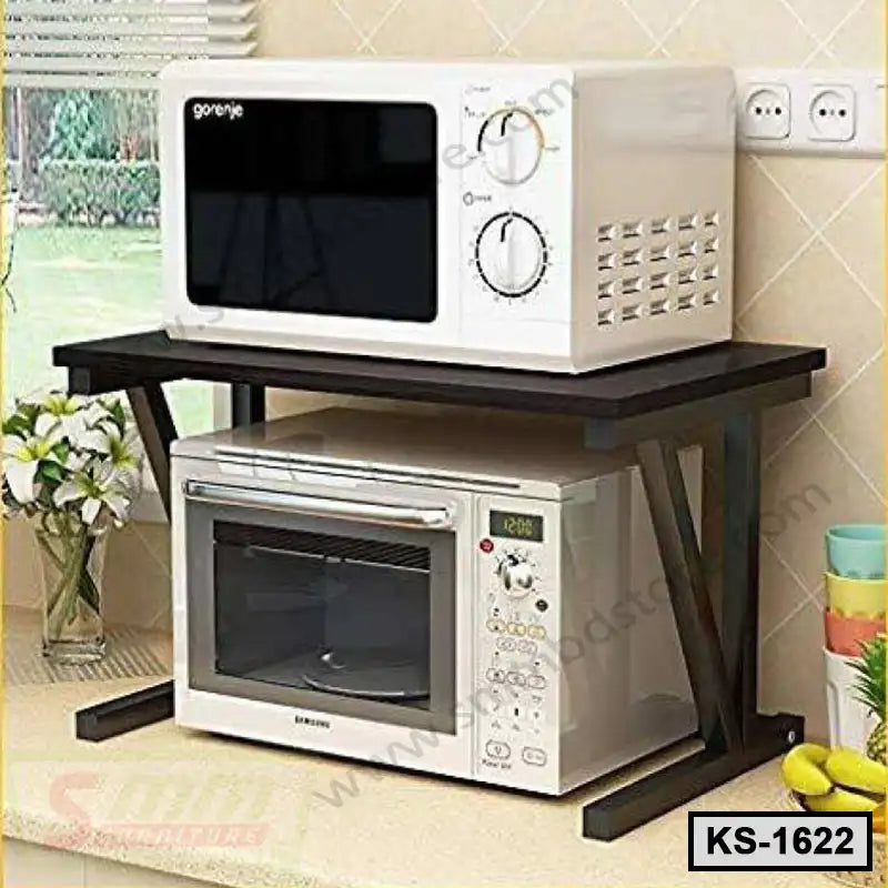 Modern kitchen shelf organizer holding a microwave and oven on a countertop