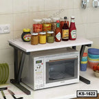Modern kitchen shelf organizer with microwave, spice jars, and condiments on countertop