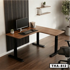 L-shaped height adjustable desk with wood finish and black legs in a modern home office