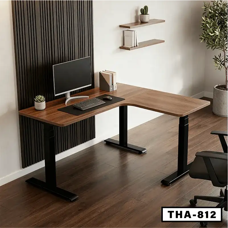 L-shaped height adjustable desk with wood finish and black legs in a modern home office Main image