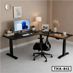 L-shaped height adjustable desk with monitor, office chair, and modern home office decor