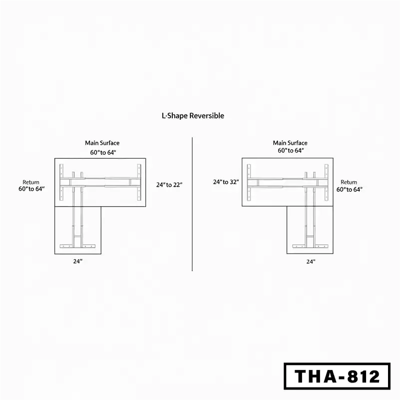 Diagram of L-shaped reversible height adjustable desk with dimensions, model THA-812.