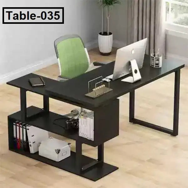 L-shaped computer desk for home office with storage shelves, modern workspace setup
