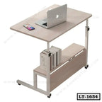 Adjustable wooden laptop table with side shelf, books, and wheels, ideal for home office