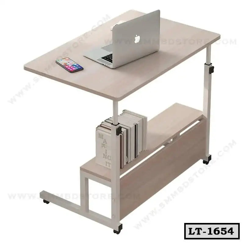 Adjustable wooden laptop table with side shelf, books, and wheels, ideal for home office