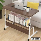 Adjustable wooden laptop table with bookshelf on wheels, ideal for home or office use