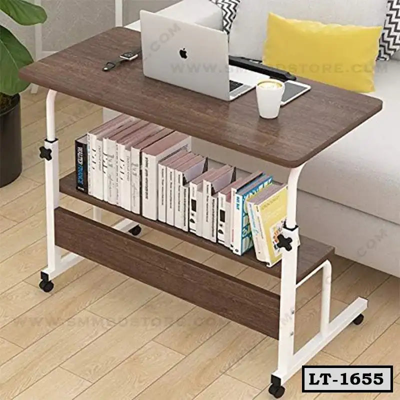 Adjustable wooden laptop table with bookshelf on wheels, ideal for home or office use