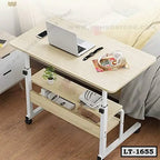 Adjustable wooden laptop table with shelves on wheels, ideal for home or office use