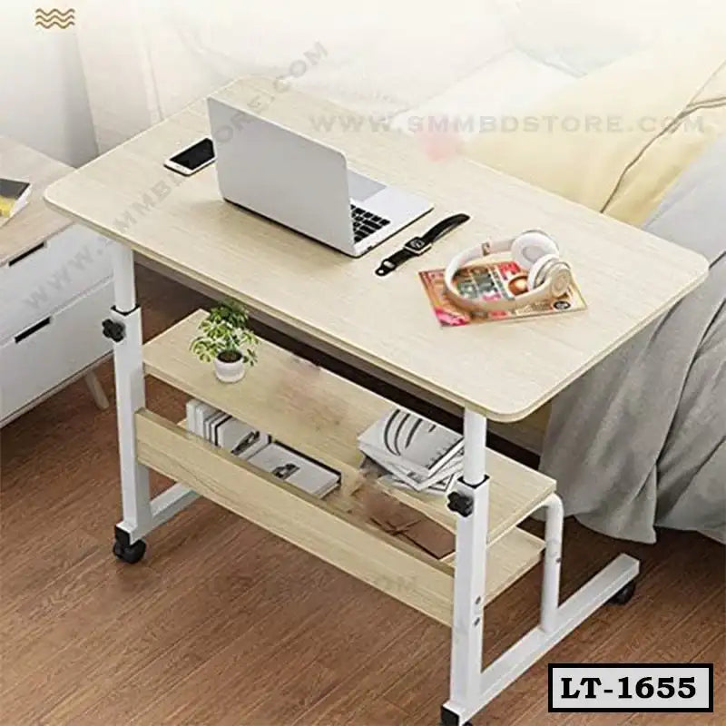 Adjustable wooden laptop table with shelves on wheels, ideal for home or office use