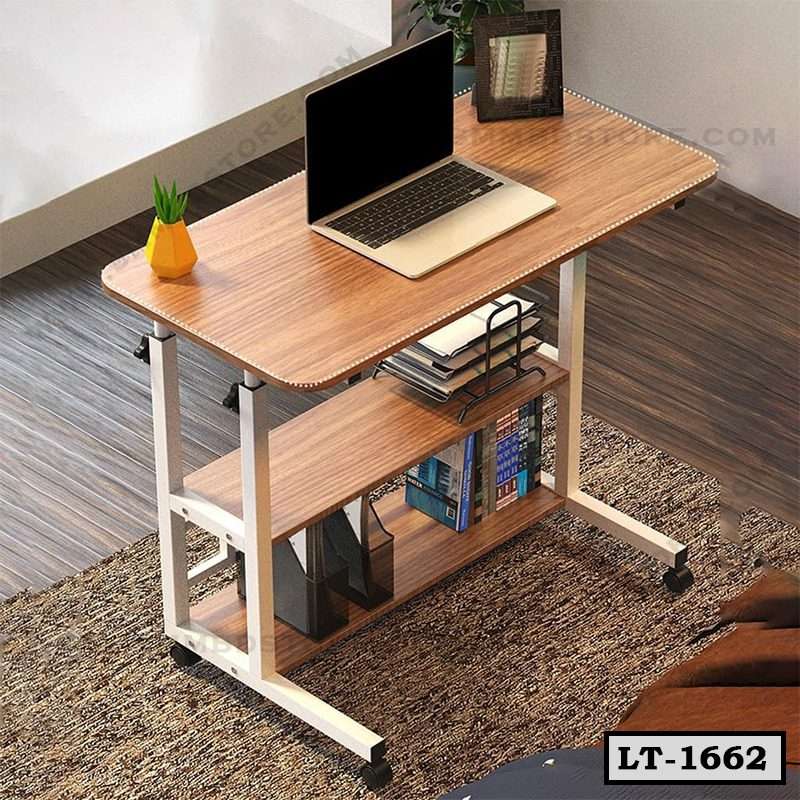 Modern wooden laptop table with storage shelves on wheels, ideal for home or office workspaces. Main image