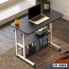 Modern laptop table with shelves, books, and decor in a home office setting