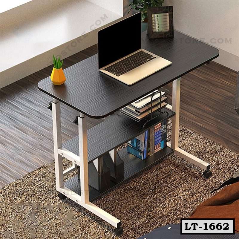 Modern laptop table with shelves, books, and decor in a home office setting