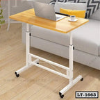 Adjustable laptop table with wheels beside a sofa in a modern living room