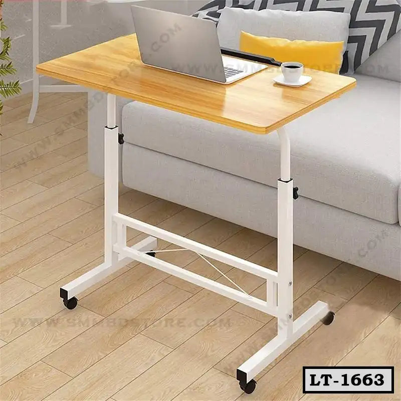 Adjustable laptop table with wheels beside a sofa in a modern living room