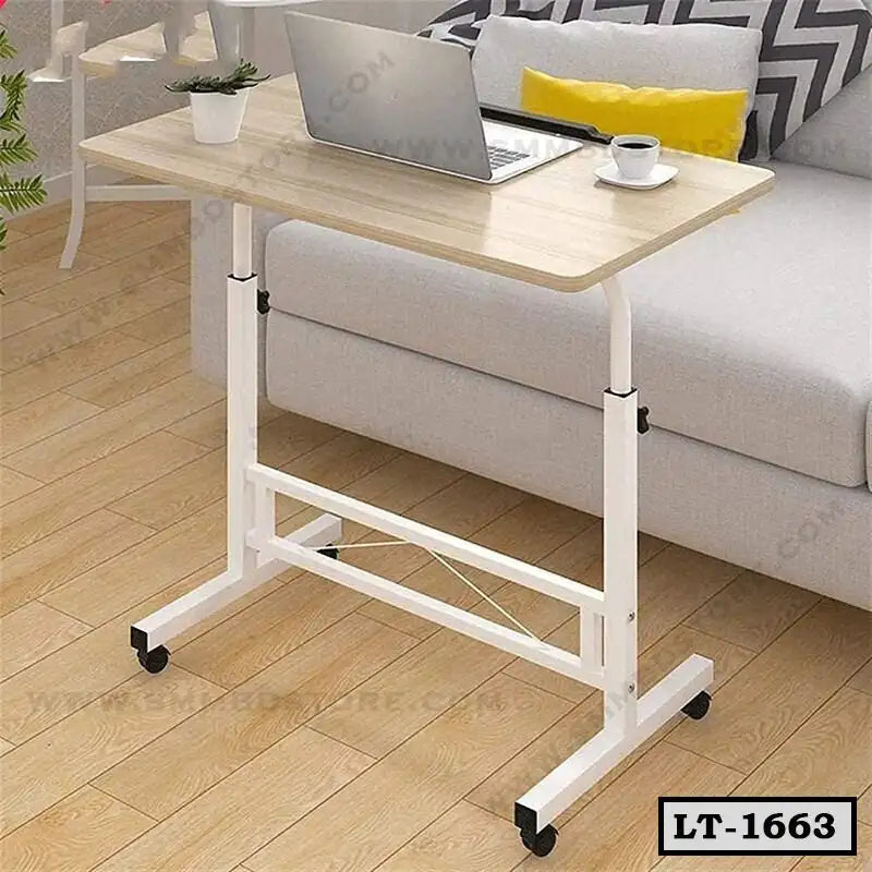 Adjustable rolling laptop table beside sofa, ideal for home office furniture.