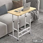 Adjustable laptop table with wheels beside a sofa, perfect for home office use