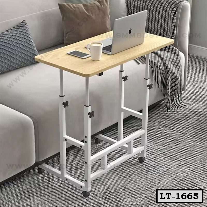 Adjustable laptop table with wheels beside a sofa, perfect for home office use