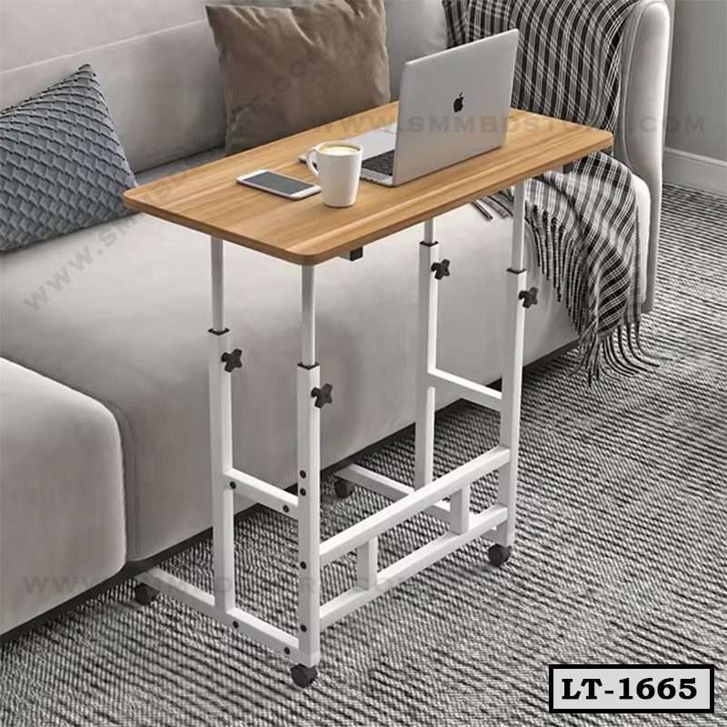 Adjustable laptop table with wooden top and metal frame on wheels in living room setting