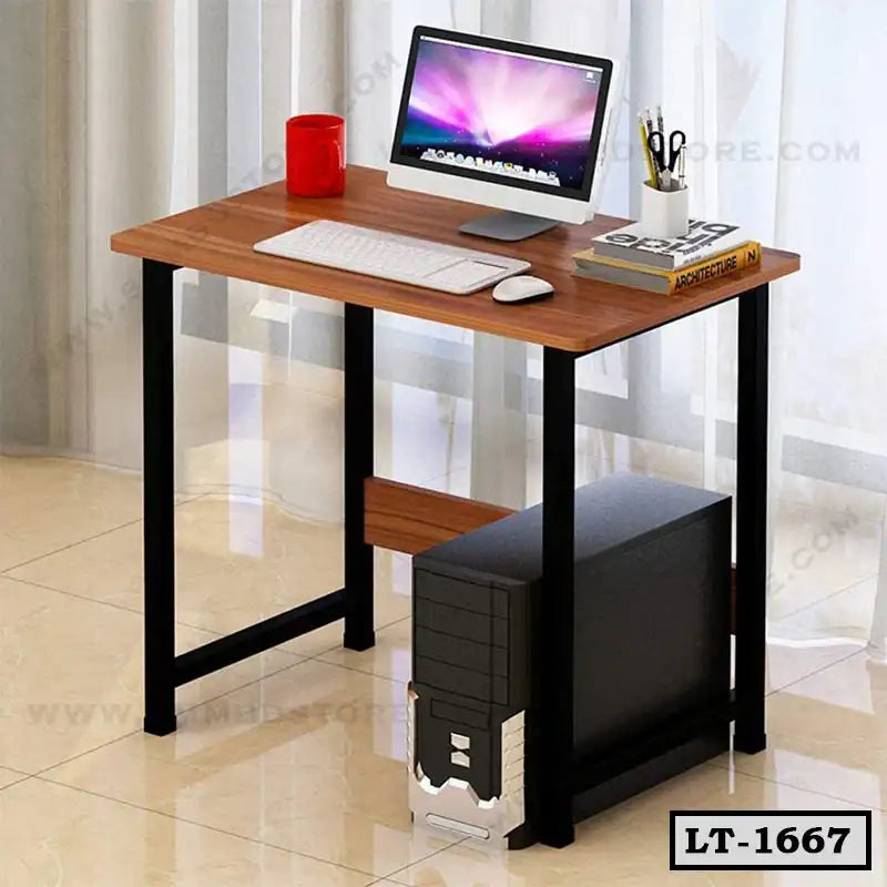 Compact wooden laptop table with black metal legs, desktop computer, books, and office supplies.