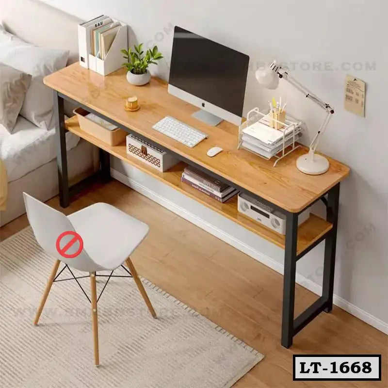Modern wooden laptop table with shelf, desktop computer, lamp, and white chair in home office setting Main image