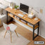 Modern wooden laptop table with shelf, desktop computer, lamp, and white chair in home office setting