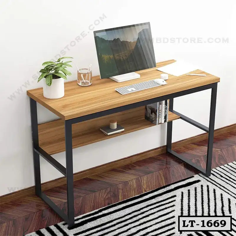 Modern wooden laptop table with metal frame, shelf, computer monitor, and decor in home office Main image